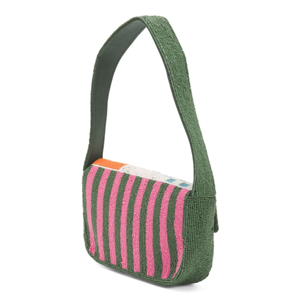 Green Embroidered Mosaic Shoulder Bag with Fruit & Sun Motifs - Picture 2 of 3